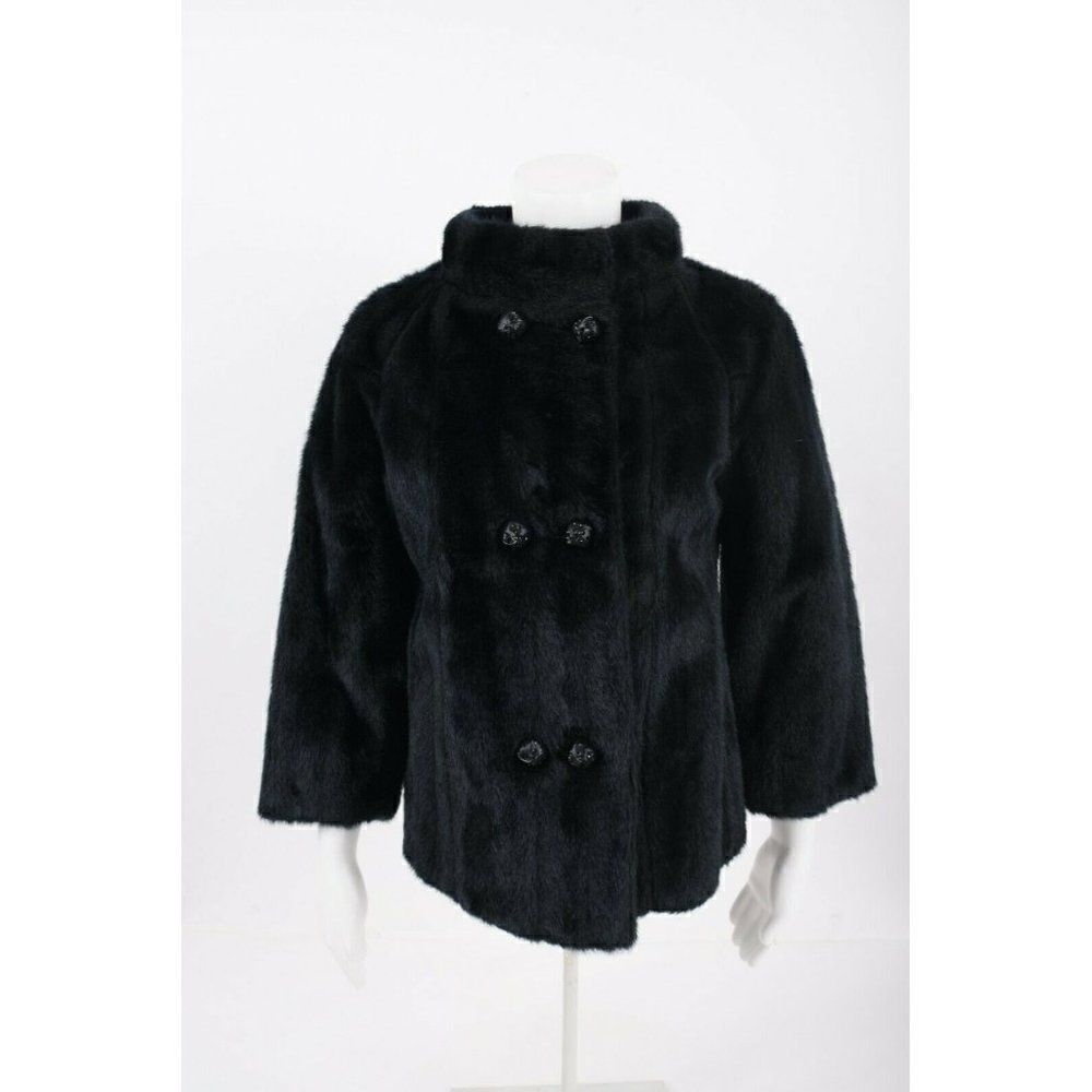 Vintage 50s 60s Womans Black Faux Fur Jacket Coat Double Breasted S M Winter